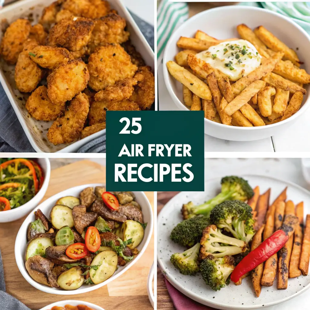 25 air fryer recipes collage showing crispy cauliflower, golden french fries, roasted vegetables, and seasoned carrots with broccoli