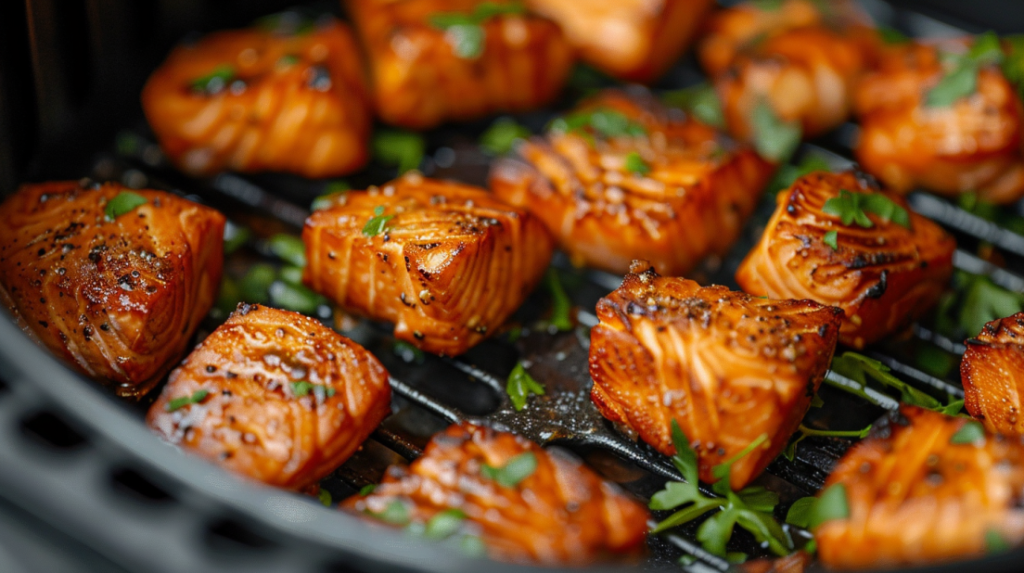 Salmon bites cooking in air fryer basket showing golden browning and proper spacing