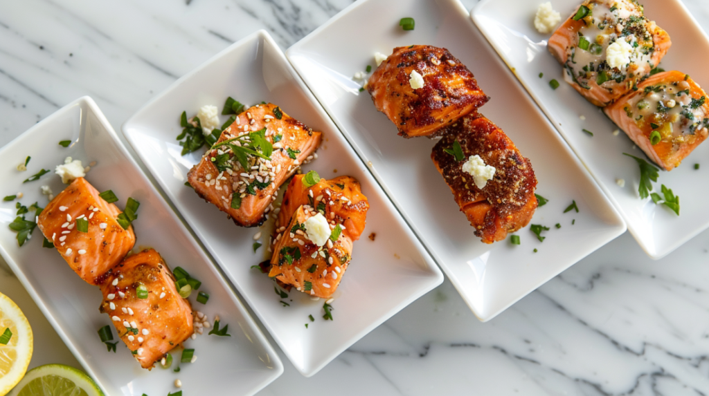 Four different salmon bite flavor variations including lemon herb, Asian, Mediterranean and Cajun styles
