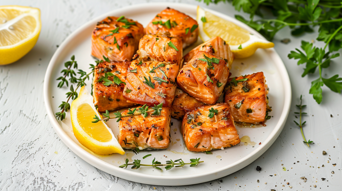 Golden crispy air fryer salmon bites with flaky interior on white plate with lemon garnish
