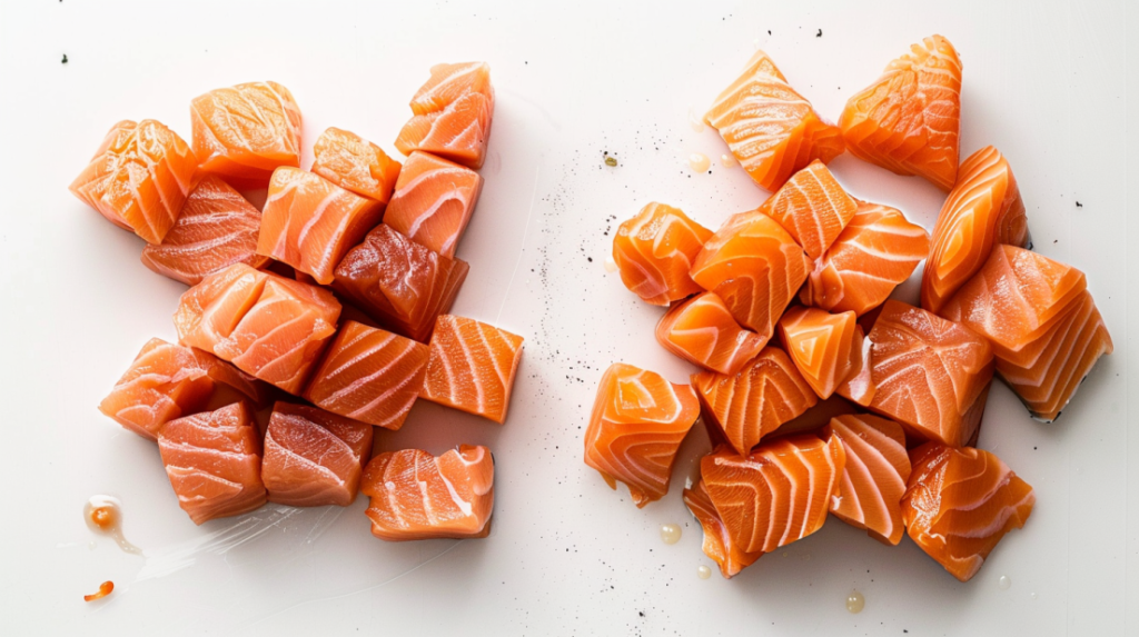 Before and after comparison of raw salmon cubes versus perfectly cooked air fryer salmon bites