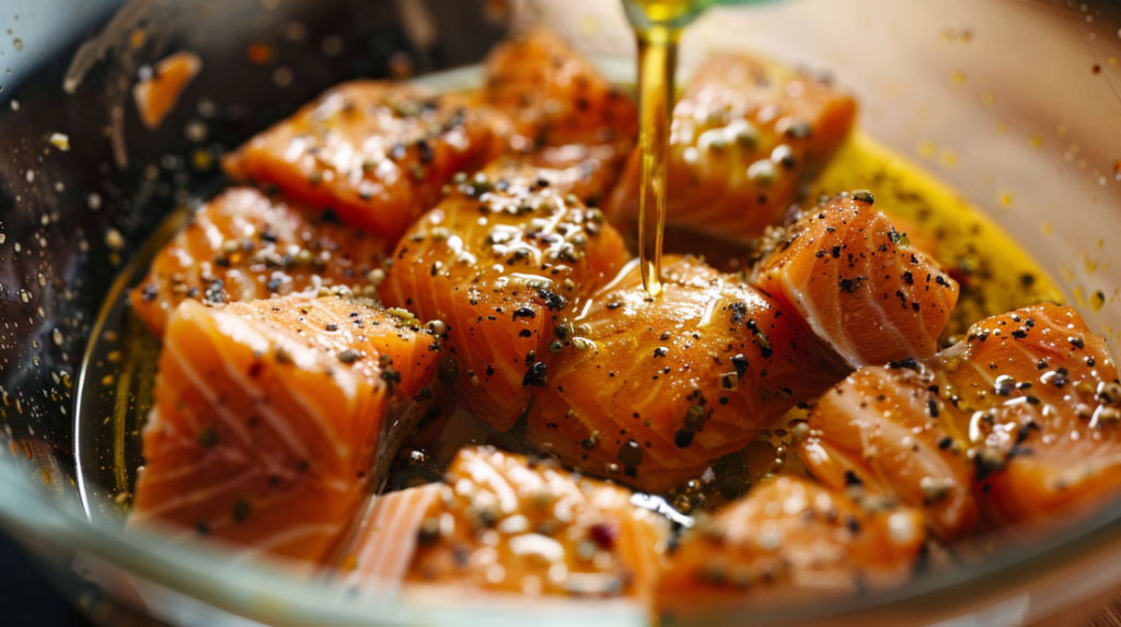 Salmon cubes being seasoned with oil and spices in glass bowl showing even coating