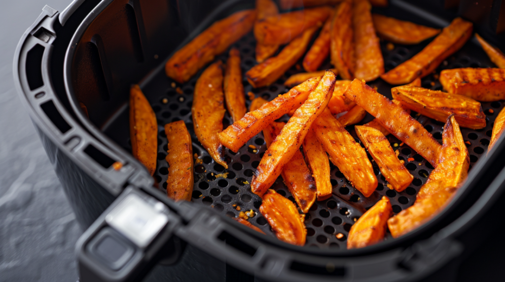 Sweet potato fries cooking in air fryer basket being shaken for even browning