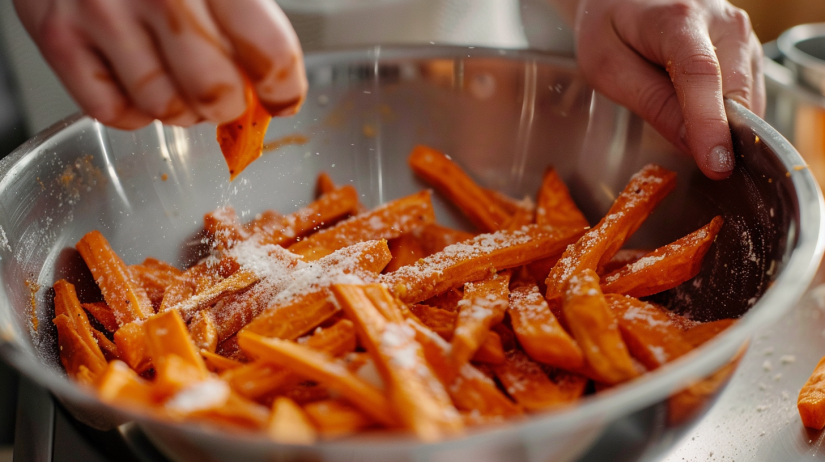 Sweet potato fries being coated with cornstarch for extra crispiness in mixing bowl