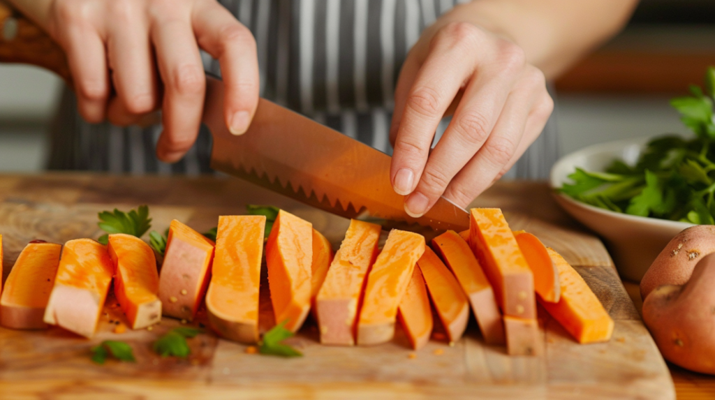 Proper cutting technique for sweet potato fries showing uniform 1/4-inch thickness