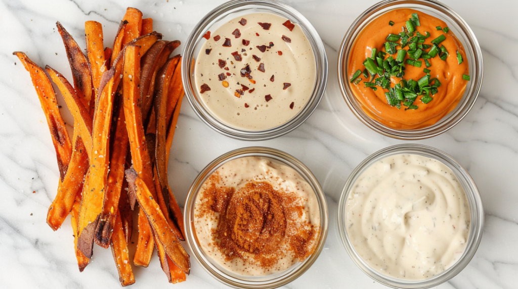 Four different dipping sauces arranged around crispy air fryer sweet potato fries
