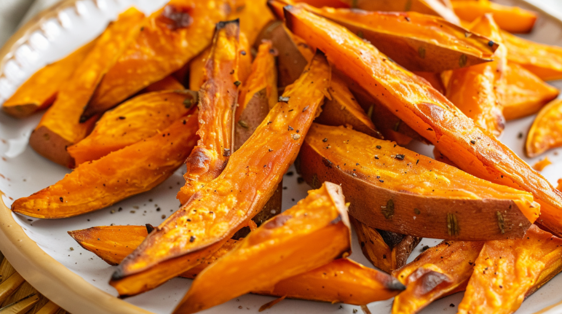 Golden crispy air fryer sweet potato fries with caramelized edges showing perfect texture on white plate