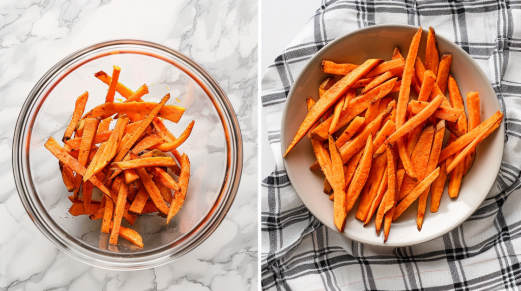Sweet potato fries soaking in water and then dried on kitchen towels showing proper preparation