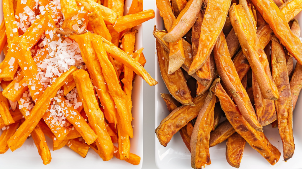 Comparison of soggy sweet potato fries versus golden crispy air fryer sweet potato fries