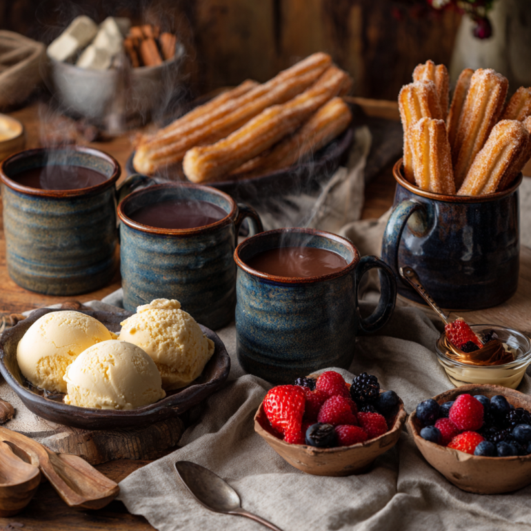 Air fryer churros served with hot chocolate, ice cream, and coffee pairings