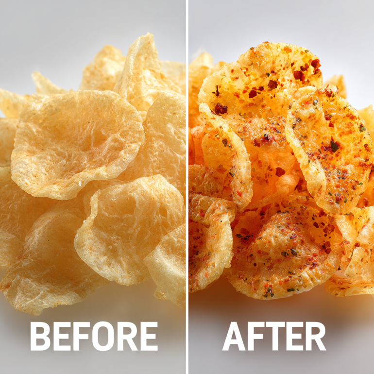 Before and after transformation of rice paper sheets into crispy chips