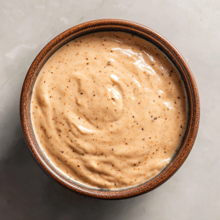 Big Mac sauce ingredients and finished sauce showing creamy pink color and perfect consistency
