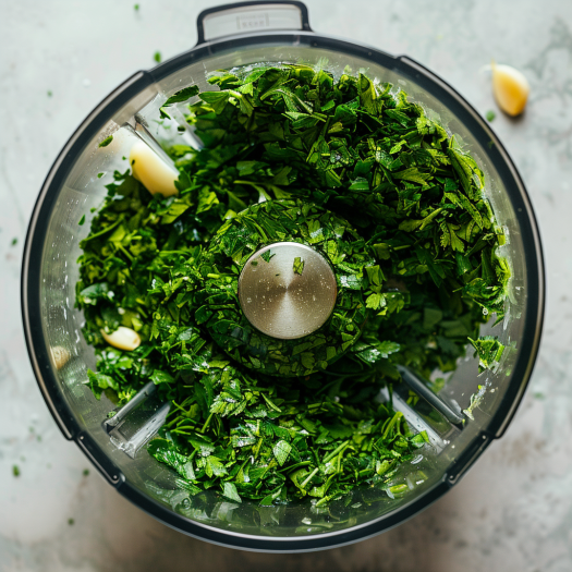 Food processor with chopped parsley, oregano and garlic for quick chimichurri sauce preparation