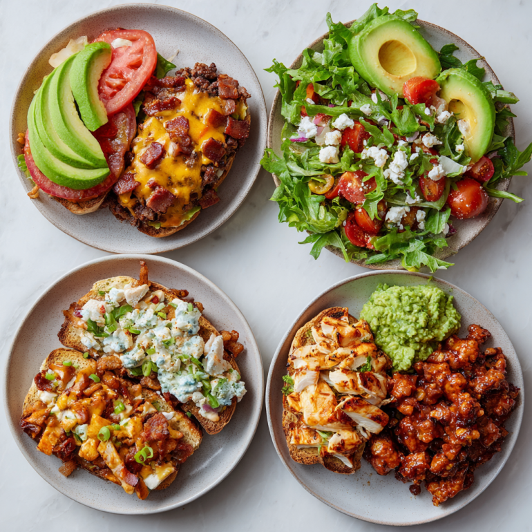 Four protein variations of smash burger tacos - beef, turkey, chicken, and plant-based options