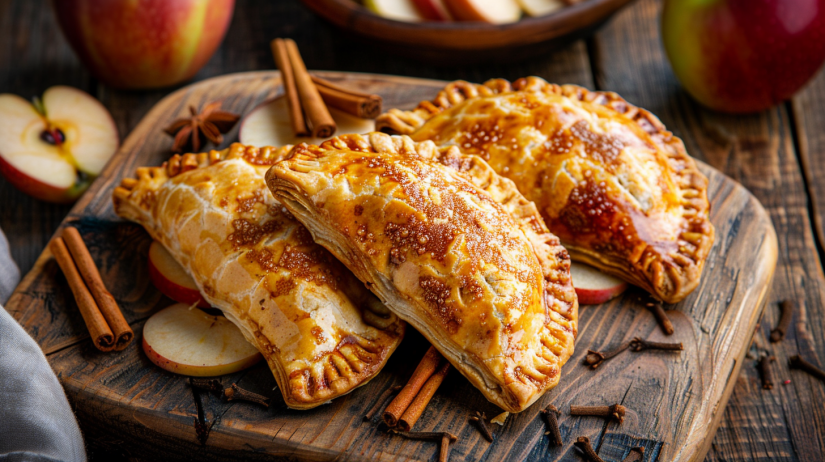 Golden air fryer apple hand pies with flaky crust showing warm cinnamon apple filling on rustic wooden board with autumn styling