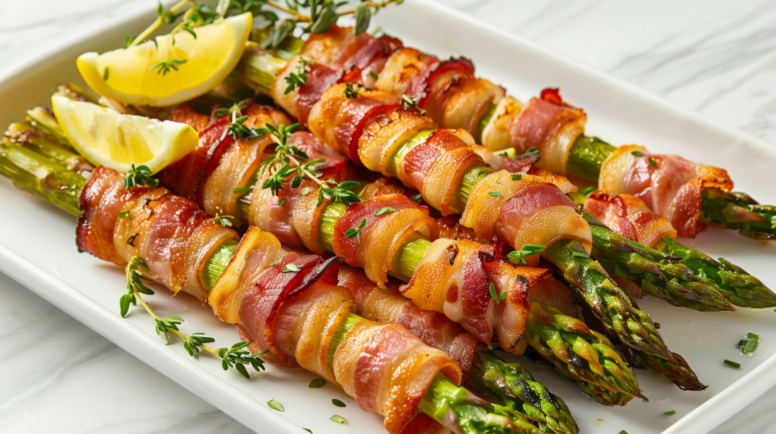 Crispy bacon wrapped asparagus bundles on elegant white platter showing perfect golden bacon and vibrant green spears