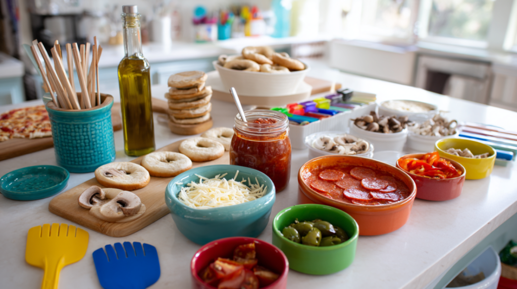 Air fryer bagel bites ingredients including mini bagels, pizza sauce, mozzarella cheese, and pepperoni
