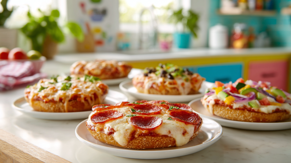 Five different topping combinations for air fryer bagel bites including pepperoni, supreme, and veggie options