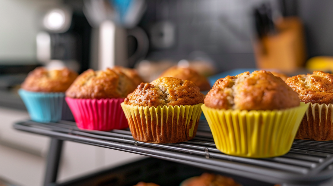 Golden air fryer banana bread muffins in silicone cups showing moist interior and perfect dome tops