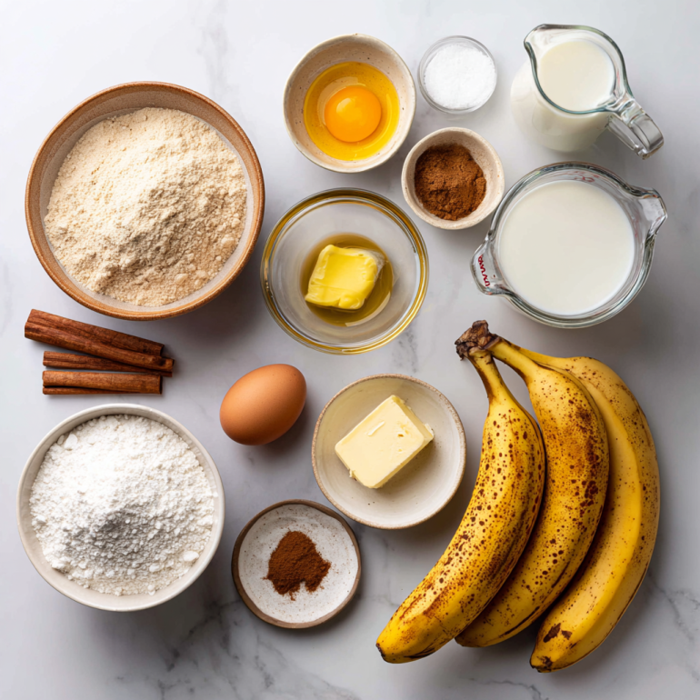 Complete ingredient layout for air fryer banana bread muffins including overripe bananas and pantry staple