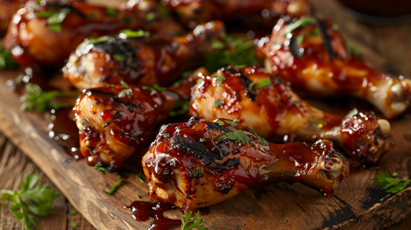 Golden crispy air fryer BBQ chicken legs with caramelized glaze and perfect skin