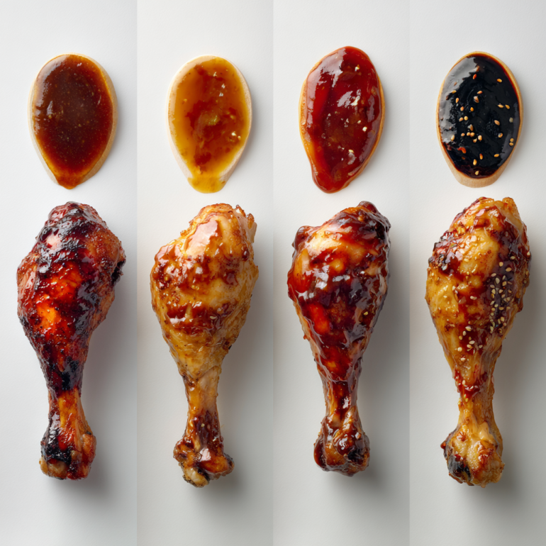 Four BBQ sauce variations for air fryer chicken legs including spicy and sweet options