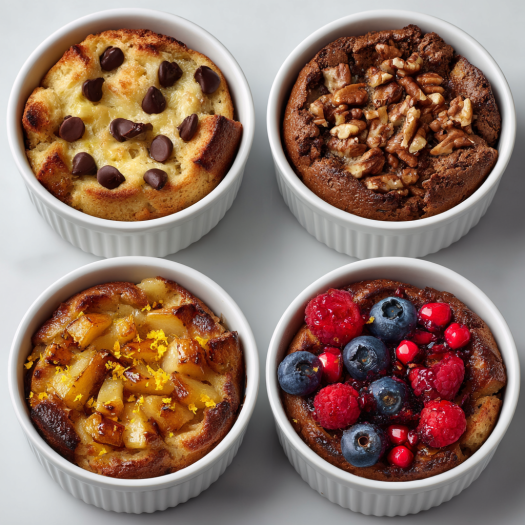 Four flavor variations of air fryer bread pudding including chocolate and fruit options