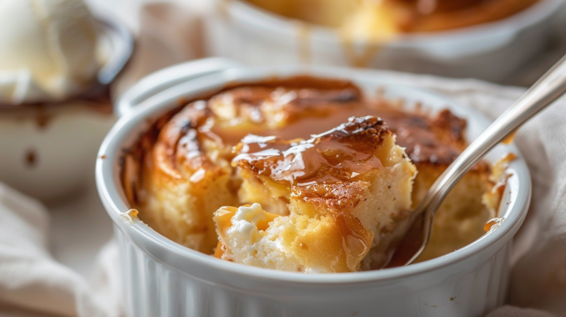 Golden air fryer bread pudding with crispy top and creamy custard interior served with ice cream
