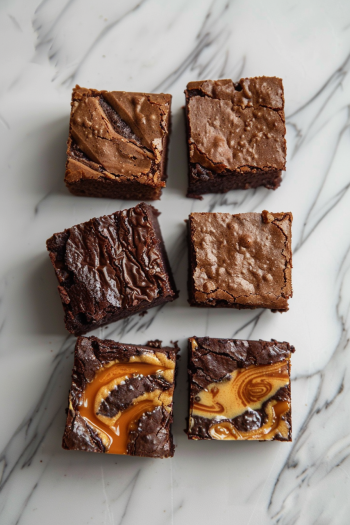 Three air fryer brownie variations showing classic fudgy, salted caramel swirl, and double chocolate versions on marble surface