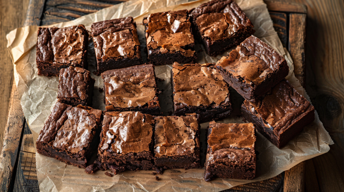 Rich fudgy air fryer brownies with crispy cracked tops cut into perfect squares on wooden cutting board