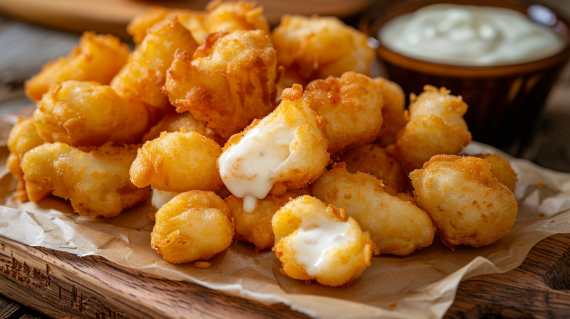 Golden crispy air fryer cheese curds with gooey melted centers served with ranch dressing
