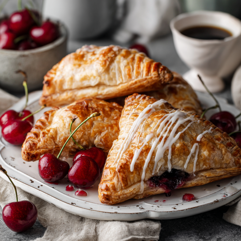 Golden brown air fryer cherry turnovers with flaky puff pastry and vanilla glaze on white platter