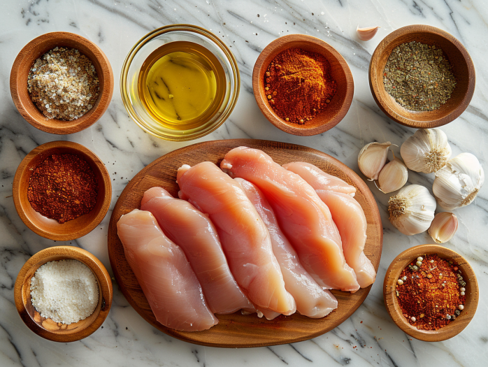 All ingredients for juicy air fryer chicken breast including chicken, olive oil, and simple seasoning blend