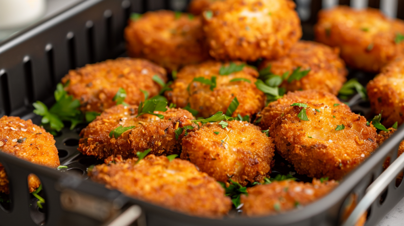 Golden crispy homemade air fryer chicken nuggets in basket showing perfect browning and texture