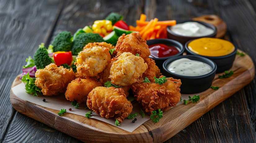 Crispy air fryer chicken nuggets served on platter with variety of kid-friendly dipping sauces