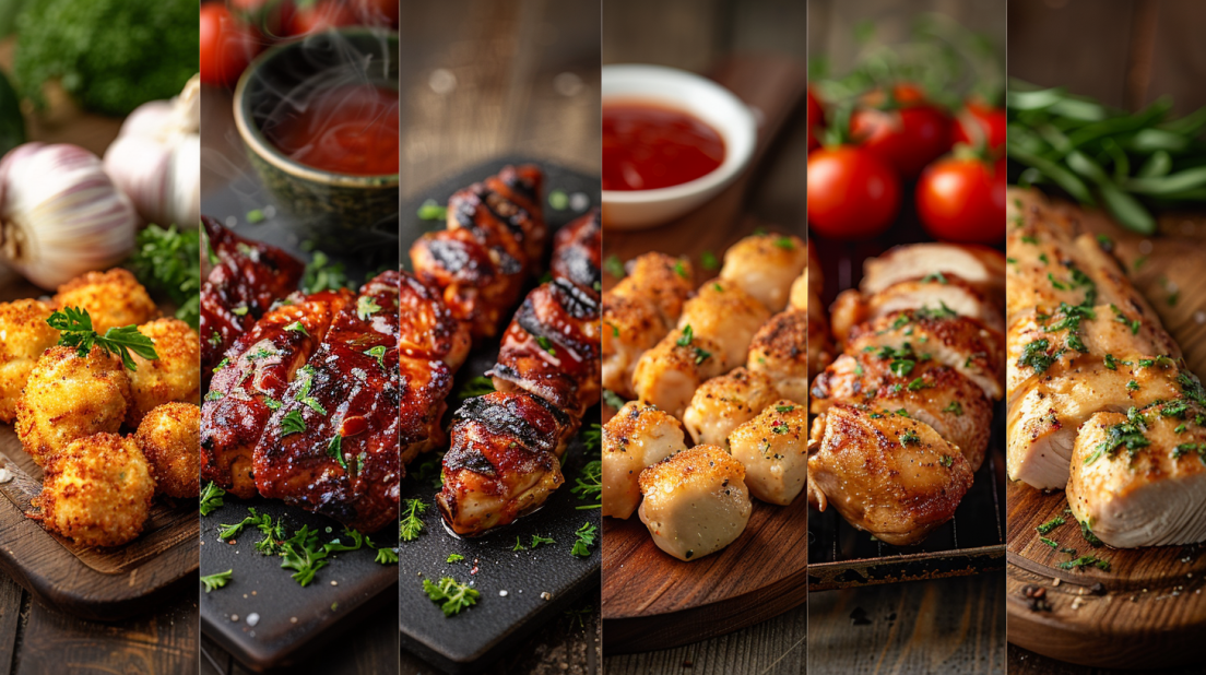 Variety of air fryer chicken recipes including wings, breast, tenders, and drumsticks arranged on wooden board