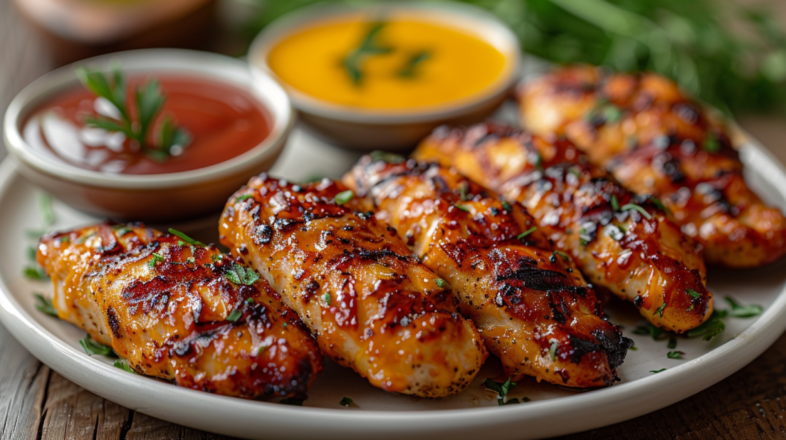 Golden crispy air fryer chicken tenders with perfect coating served with dipping sauces on family dinner table