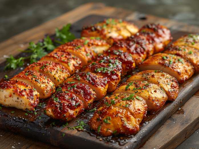 Different flavor variations of air fryer chicken tenders including Nashville hot, Parmesan herb, and BBQ seasoned styles