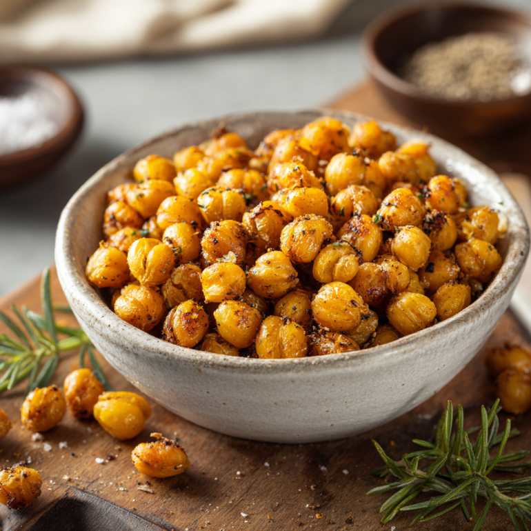 Golden crispy air fryer chickpeas in white bowl with seasoning on wooden table