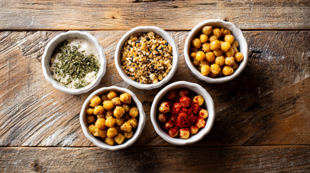 Five different seasoning variations for air fryer chickpeas including ranch, sriracha, and curry