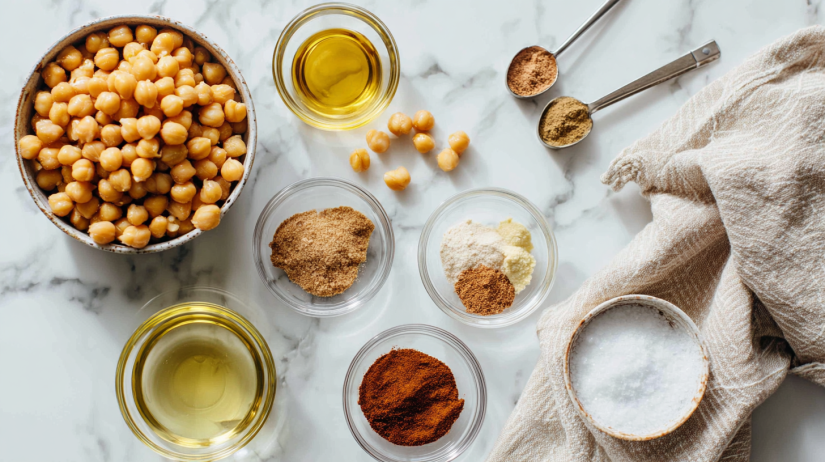 Air fryer chickpeas ingredients laid out including canned chickpeas, olive oil, and spices