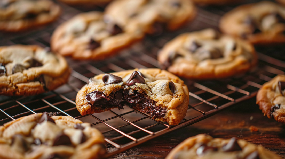 Golden air fryer chocolate chip cookies with gooey centers and crispy edges cooling on wire rack showing perfect texture
