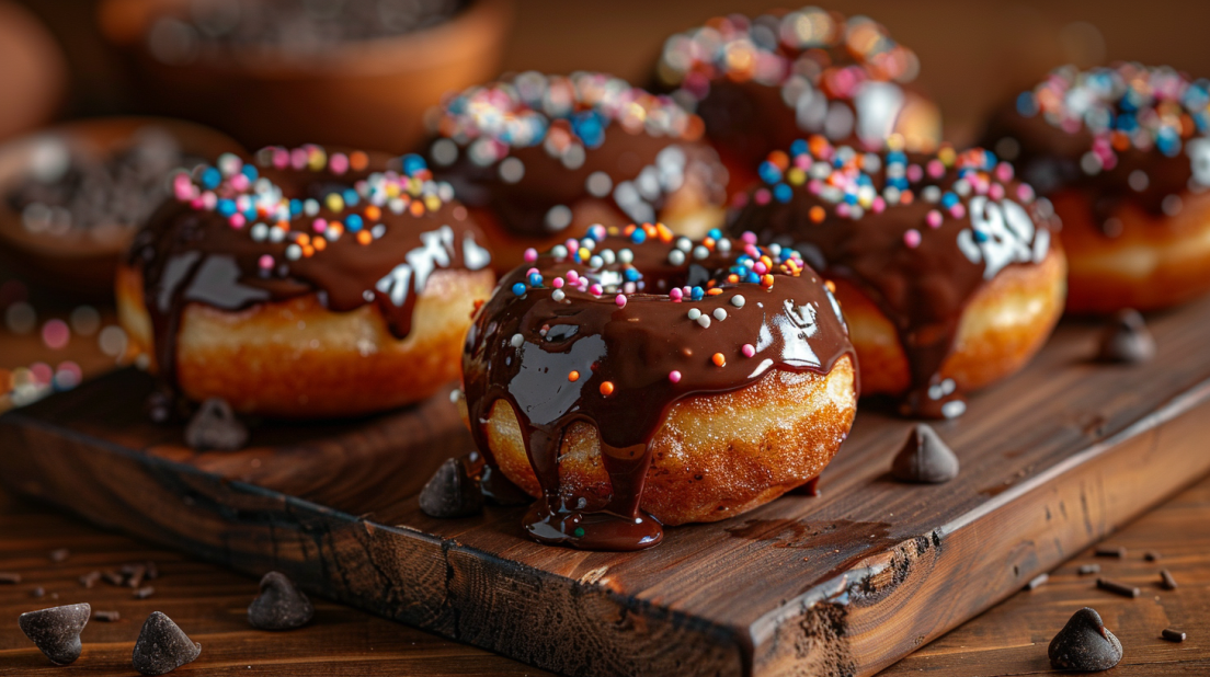 Golden air fryer chocolate donut holes with chocolate glaze and sprinkles on wooden board, perfect bakery-style texture