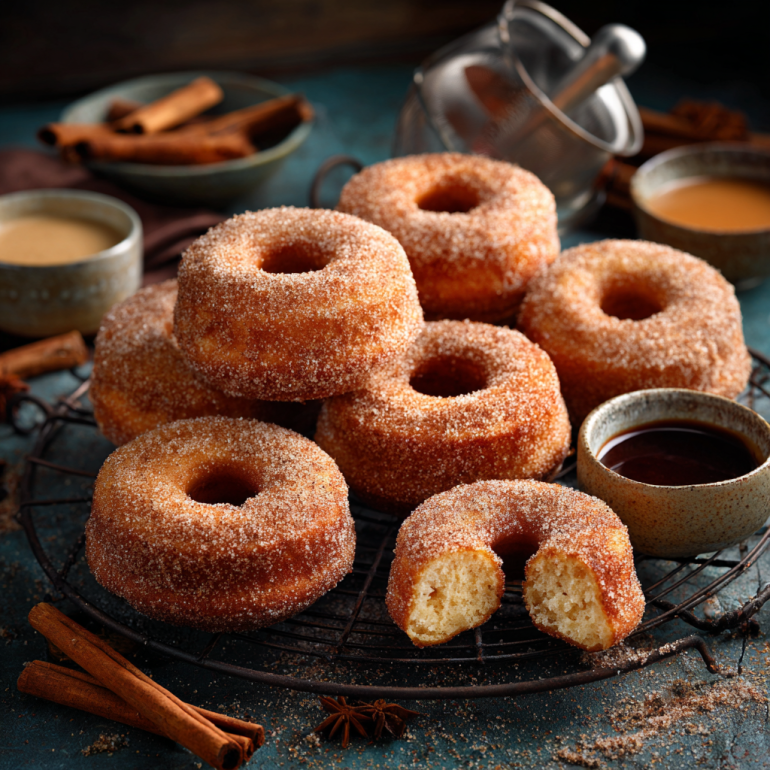 Golden brown air fryer cinnamon sugar donuts on cooling rack with fluffy interior texture
