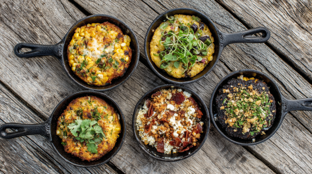 Five different flavor variations for air fryer corn fritters including Southern, cheesy, herb, and Mexican options