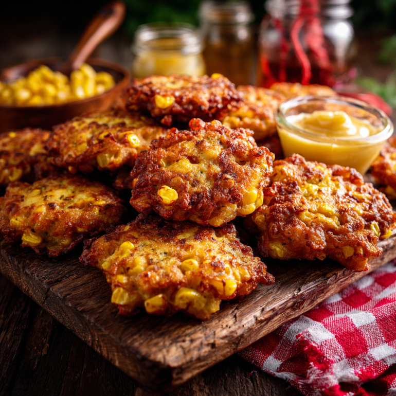 Golden brown air fryer corn fritters with crispy exterior and corn kernels on wooden platter