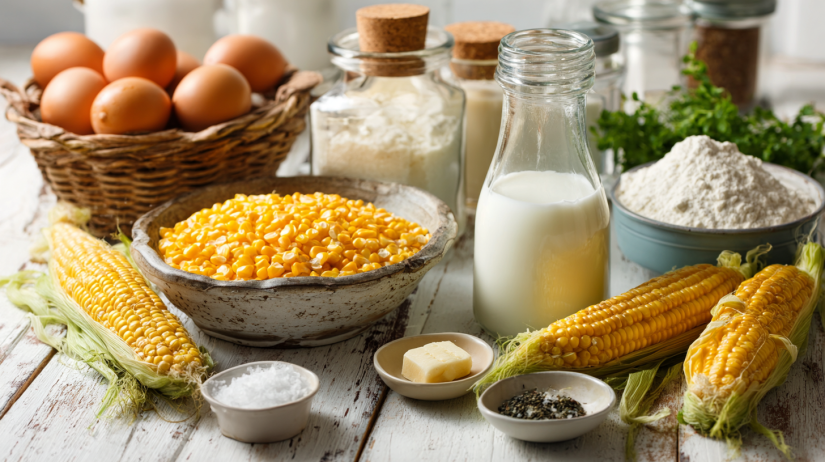 Air fryer corn fritters ingredients including fresh corn kernels, flour, eggs, and Southern seasonings