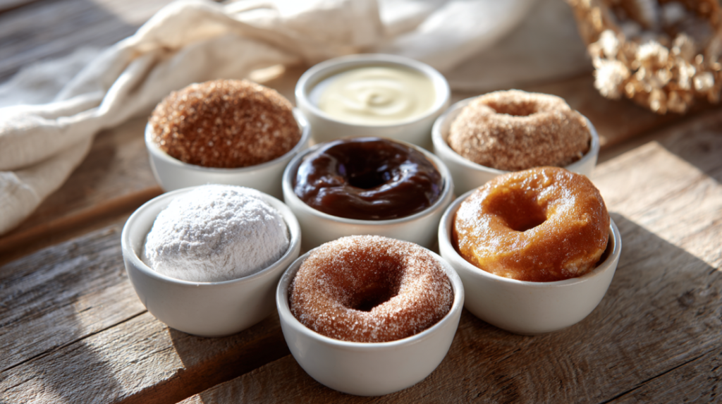Five different coating options for air fryer donuts including glazes and spiced sugar mixtures