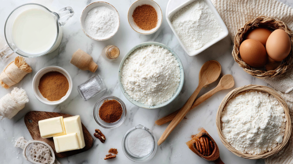 Air fryer cinnamon sugar donut ingredients including flour, spices, milk, eggs, and coating mixture