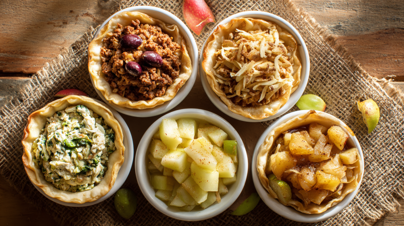 Five different filling options for air fryer empanadas including beef, chicken, cheese, plantain, and apple